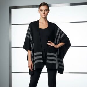 Chico’s Reversible Black Silver Metallic Knit Shawl Layering Poncho One Size